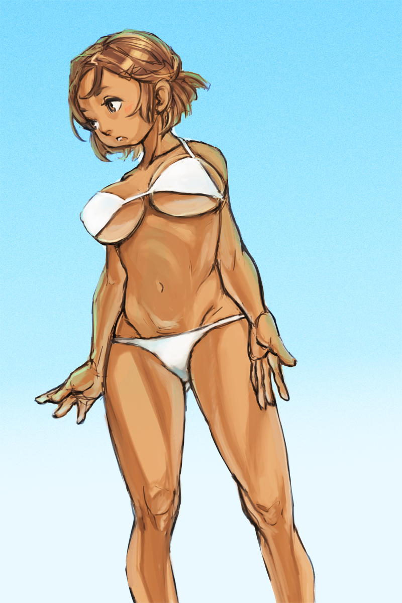 bikini, breasts, brown_eyes, brown_hair, cleavage, dark_skin, highres, large_breasts, short_hair, swimsuit, talesof, under_boob, underboob