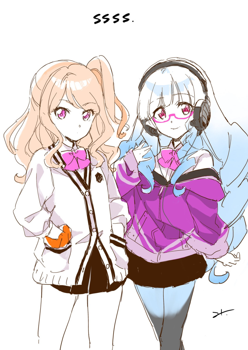 2girls, aikatsu!_(series), aikatsu_stars!, bangs, blunt_bangs, bow, bowtie, cardigan, collared_shirt, commentary, copyright_name, cosplay, cowboy_shot, drill_hair, eyebrows_visible_through_hair, gradient_hair, hands_in_pockets, headphones, highres, jacket, kasumi_mahiru, long_hair, long_sleeves, looking_at_viewer, miniskirt, mitsuhashitaeko, miyamoto_yume, multicolored_hair, multiple_girls, orange_hair, pantyhose, parody, partially_colored, pleated_skirt, purple_jacket, red_eyes, school_uniform, scrunchie, seiyuu_connection, semi-rimless_eyewear, shinjou_akane, shinjou_akane_(cosplay), shirogane_lilly, shirt, side_ponytail, signature, sketch, skirt, sleeves_past_wrists, smile, ssss.gridman, takarada_rikka, takarada_rikka_(cosplay), ueda_reina, under-rim_eyewear, very_long_hair, violet_eyes, wavy_hair, white_background, white_cardigan, white_hair, white_shirt, wrist_scrunchie