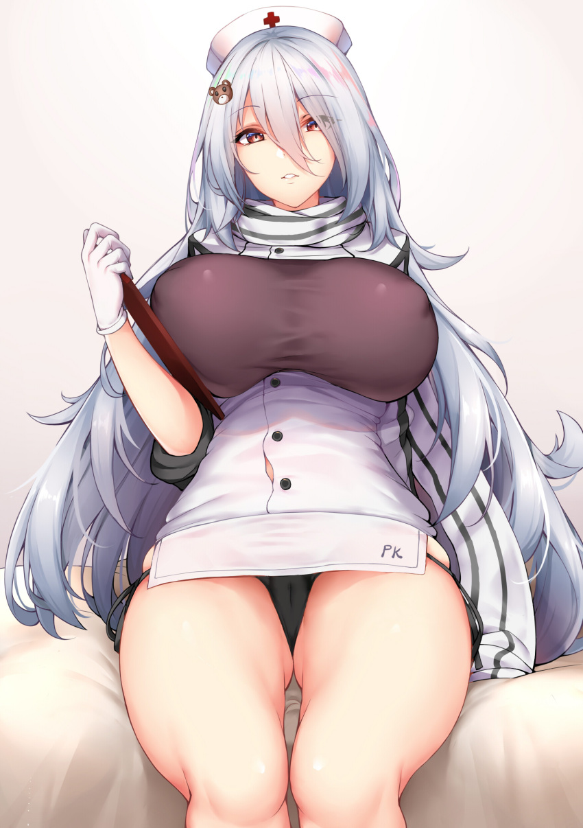 1girl, absurdres, bear_hair_ornament, breasts, brown_eyes, chixiao, clipboard, girls_frontline