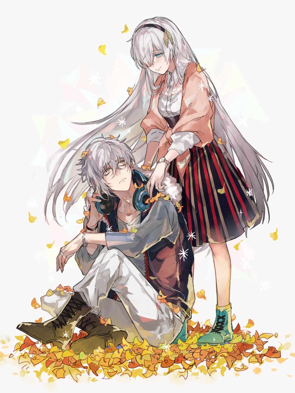1boy, 1girl, anastasia_(fate/grand_order), boots, falling_leaves, fate/grand_order, fate_(series), green_eyes