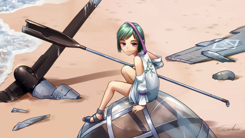 1girl, aircraft, bare_legs, beach, cracked, crash, destroyed, detached_sleeves