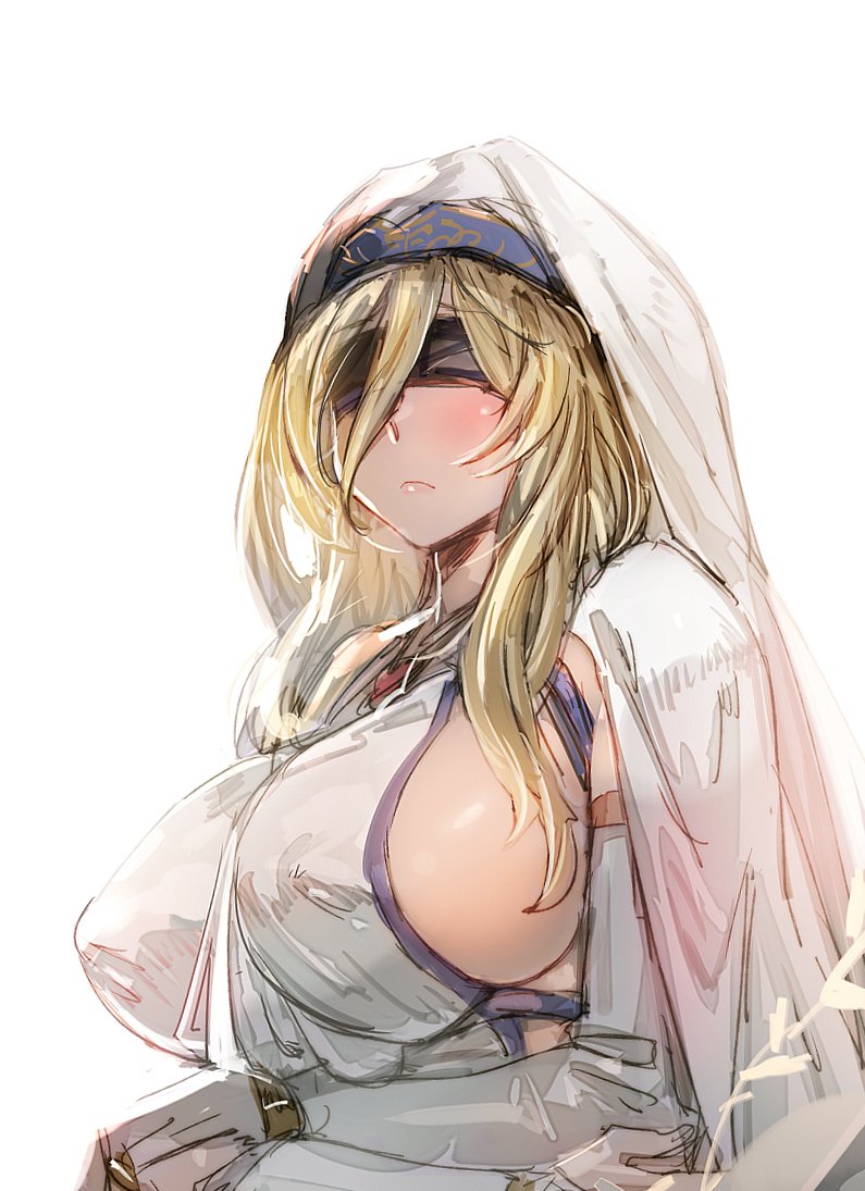 1girl, bangs, blindfold, blonde_hair, blush, bow_(bhp), breasts, bridal_gauntlets
