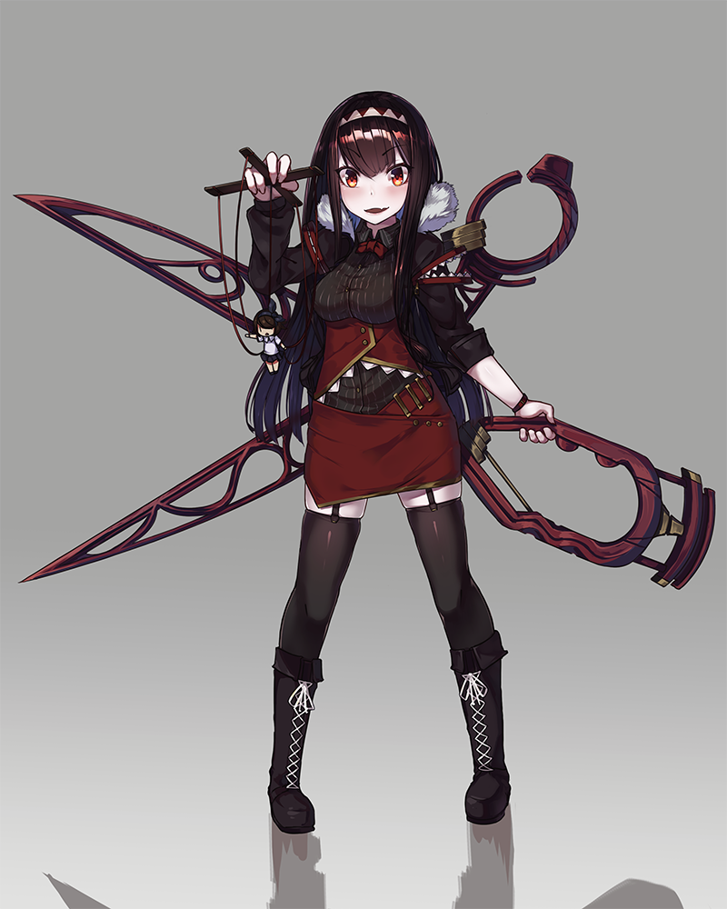 1girl, ankle_boots, black_footwear, black_legwear, black_shirt, blue_ribbon, blush, boots, breasts, brown_hair, collared_shirt, commentary_request, cross-laced_footwear, eyebrows_visible_through_hair, fang, garter_straps, gradient, gradient_background, grey_background, hair_ribbon, hairband, kotowari-sama, long_hair, long_sleeves, looking_at_viewer, medium_breasts, natori_youkai, parted_lips, personification, puppet, puppet_strings, red_eyes, red_skirt, ribbon, scissors, shirt, silhouette, skindentation, skirt, smile, standing, thigh-highs, v-shaped_eyebrows, very_long_hair, white_shirt, wing_collar, yomawari:_midnight_shadows