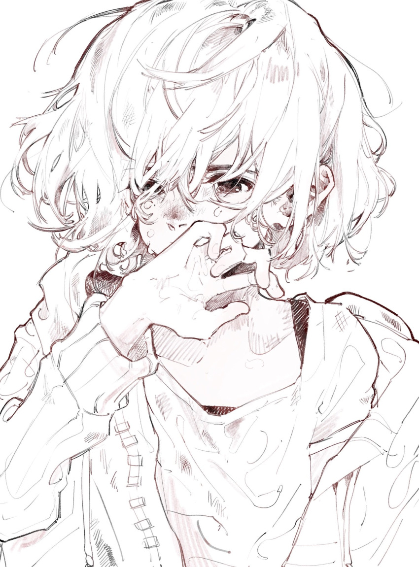 1girl, bangs, crying, crying_with_eyes_open, daruma_owl, drawstring, hair_between_eyes, hair_over_eyes