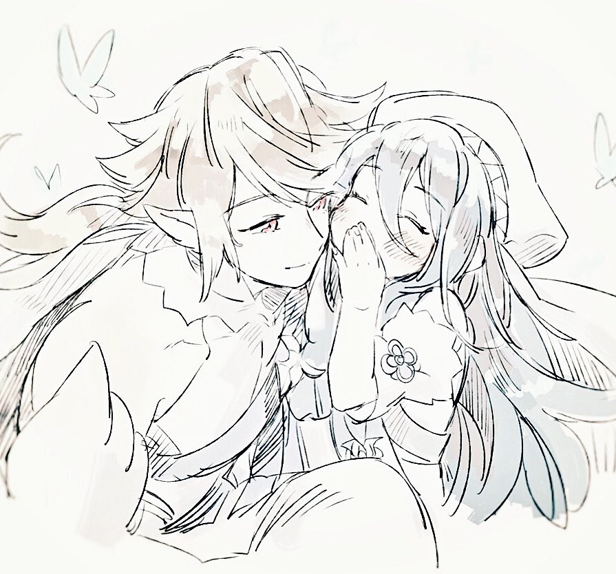 1boy, 1girl, aqua_(fire_emblem_if), aqua_hair, bug, butterfly, closed_eyes, closed_mouth, fire_emblem, fire_emblem_heroes, fire_emblem_if, hair_between_eyes, hat, insect, long_hair, male_my_unit_(fire_emblem_if), my_unit_(fire_emblem_if), nintendo, nonomori_(anst_nono), pointy_ears, red_eyes, short_hair, white_hair, younger
