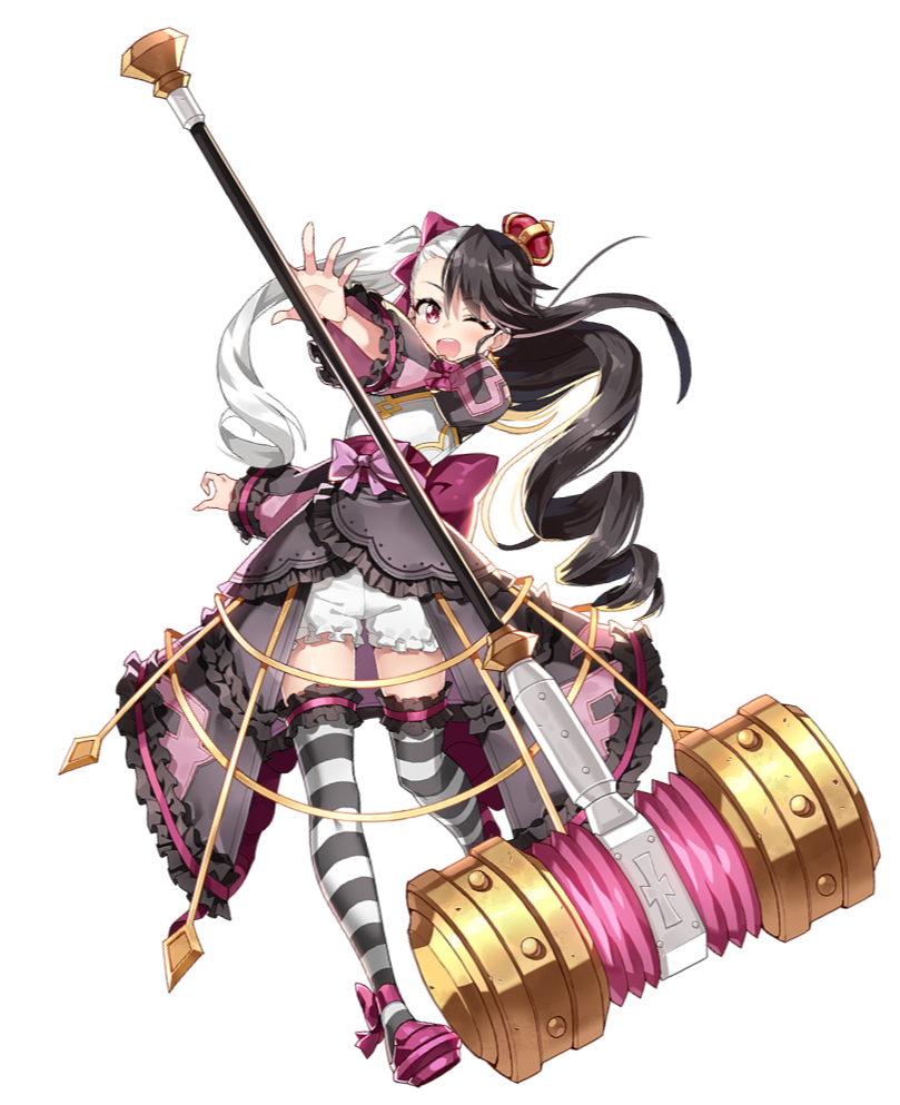 1girl, ;d, black_dress, black_hair, black_legwear, bow, chloe_(epic7), crown