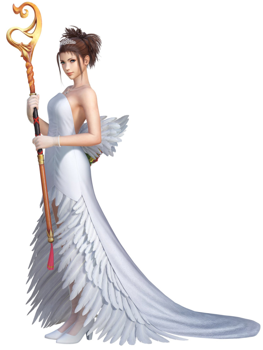 1girl, 3d, bare_shoulders, blue_eyes, brown_hair, cg, closed_mouth, dissidia_final_fantasy_nt