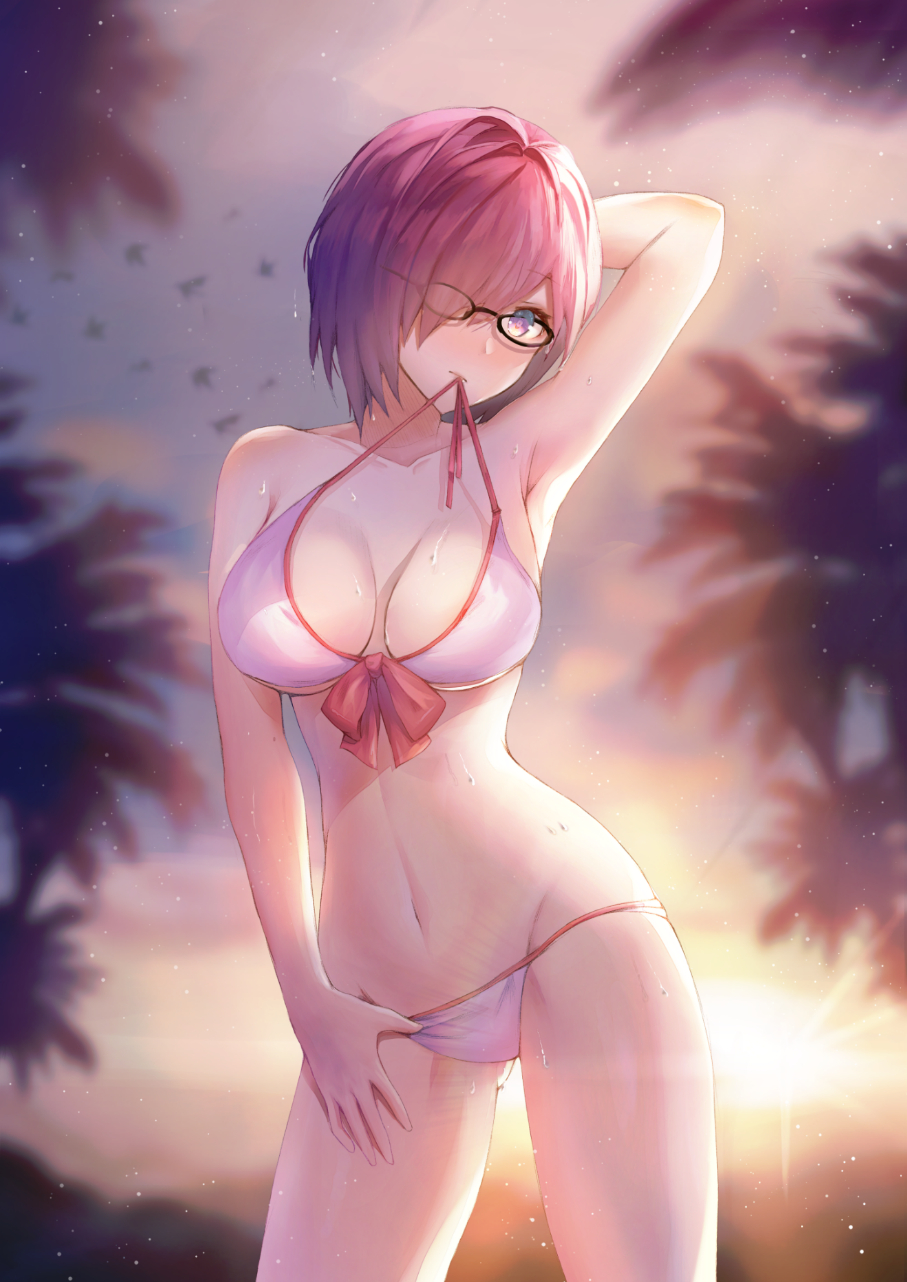 1girl, backlighting, bikini, black-framed_eyewear, blurry, blurry_background, bow, breasts