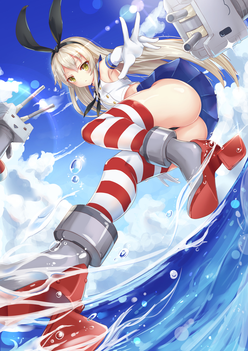 1girl, ass, bangs, bell_(angelicalary), black_panties, blonde_hair, blue_skirt, blue_sky, blush, breasts, closed_mouth, clouds, commentary_request, crop_top, day, elbow_gloves, eyebrows_visible_through_hair, full_body, gloves, hair_between_eyes, highleg, highleg_panties, highres, kantai_collection, legs, lifebuoy, long_hair, looking_at_viewer, miniskirt, ocean, outdoors, panties, rensouhou-chan, sailor_collar, school_uniform, serafuku, shimakaze_(kantai_collection), skirt, sky, small_breasts, striped, striped_legwear, thigh-highs, thighs, thong, underwear, water, white_gloves, yellow_eyes