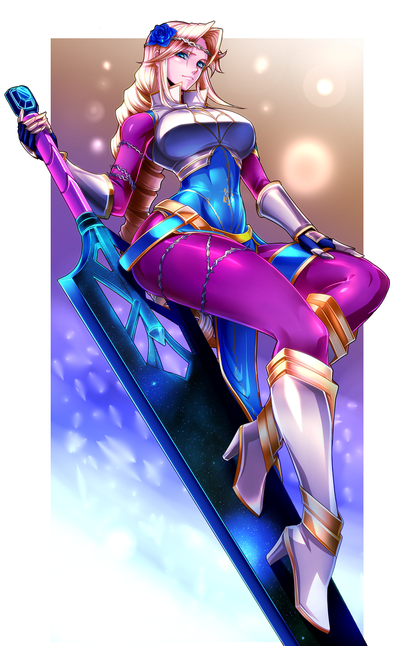1girl, blonde_hair, blue_eyes, blue_flower, blue_rose, breastplate, flower, greaves