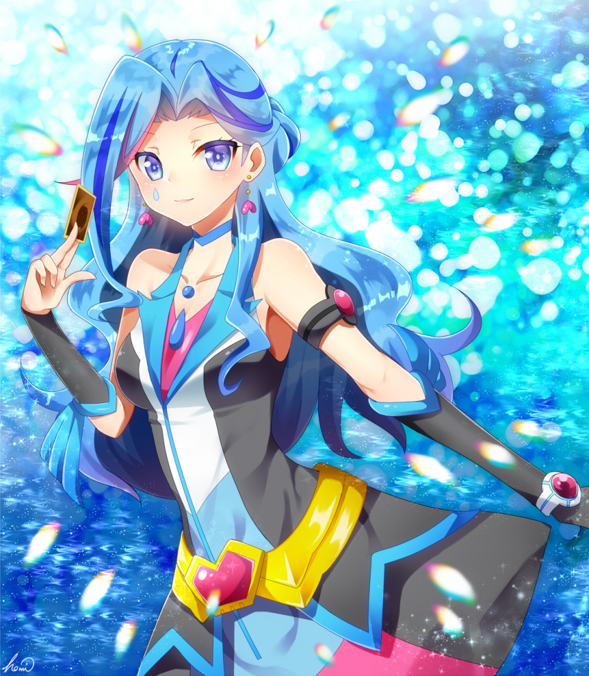 1girl, blue_eyes, blue_hair, blue_maiden, card, choker, commentary_request, earrings, facial_tattoo, highres, homi28, jewelry, long_hair, multicolored_hair, skirt, solo, tattoo, two-tone_hair, yu-gi-oh!, yuu-gi-ou, yuu-gi-ou_vrains, zaizen_aoi