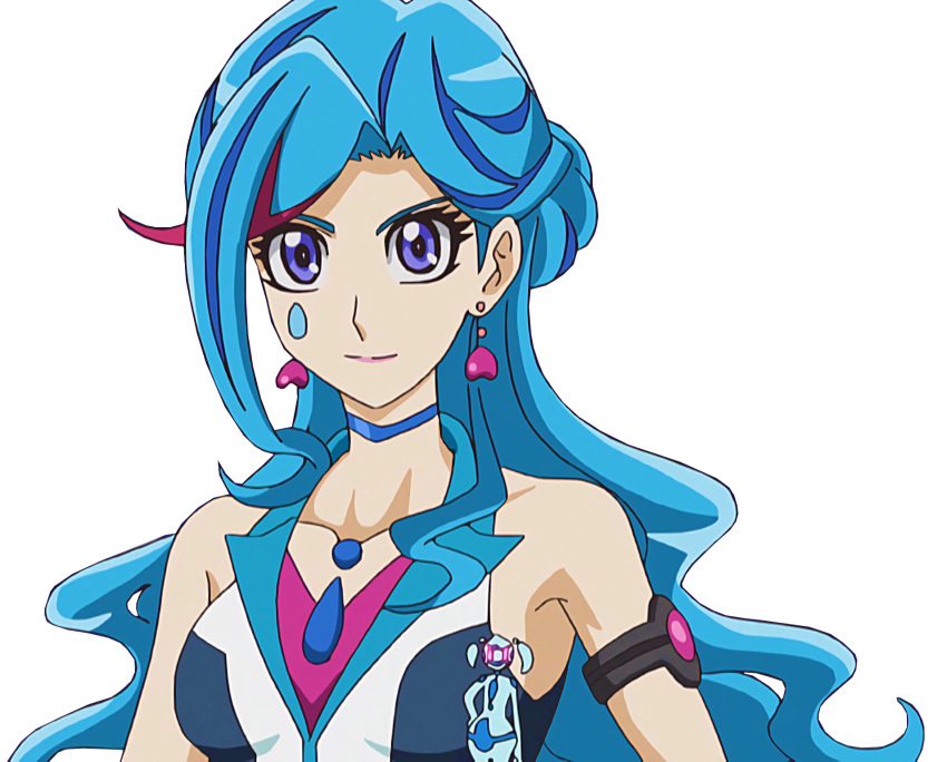 1girl, aqua_(yuu-gi-ou_vrains), blue_eyes, blue_hair, blue_maiden, choker, commentary_request, earrings, facial_tattoo, highres, jewelry, long_hair, multicolored_hair, official_style, skirt, tattoo, trfty657b, two-tone_hair, yu-gi-oh!, yuu-gi-ou, yuu-gi-ou_vrains, zaizen_aoi