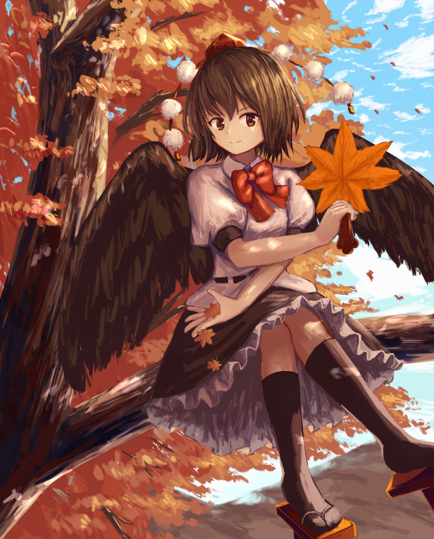 1girl, absurdres, black_hair, black_skirt, black_wings, commentary_request, fan, frilled_skirt