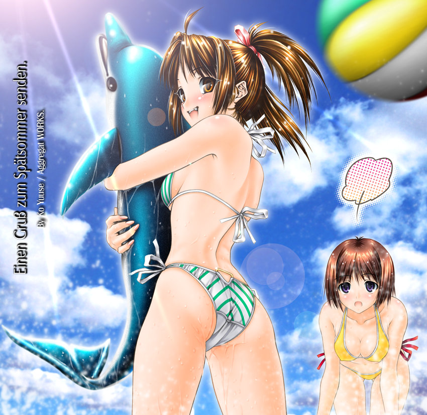 ball, beachball, bent_over, bikini, breasts, brown_eyes, brown_hair, cleavage