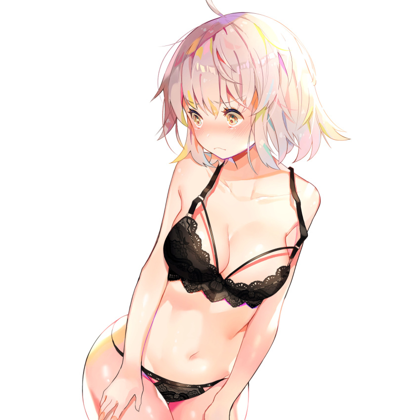 1girl, absurdres, ahoge, arms_at_sides, bangs, black_bra, black_panties, blush