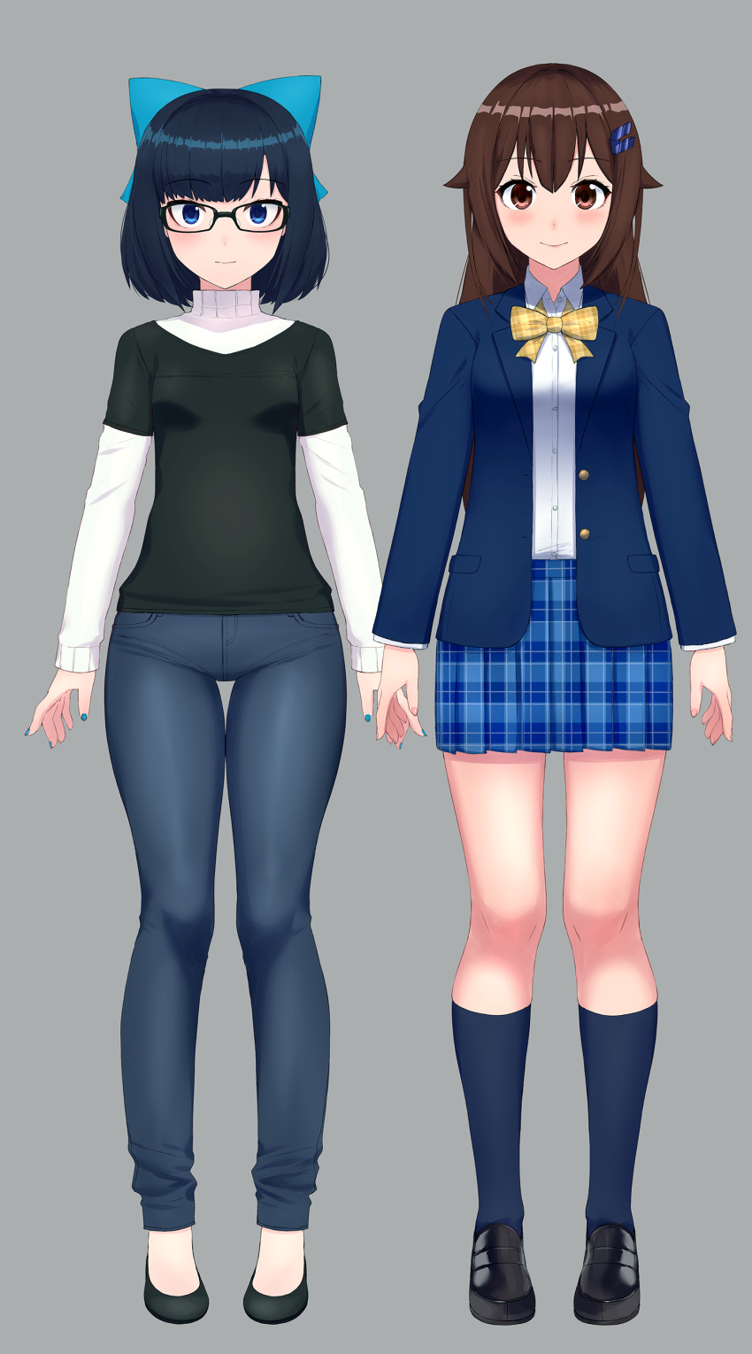 2girls, absurdres, black_footwear, black_legwear, blue_bow, blue_eyes, blue_hair, blue_nails