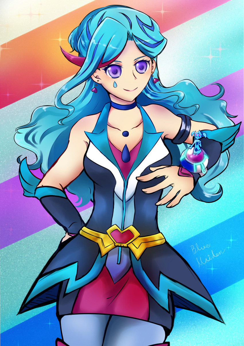 1girl, aqua_(yuu-gi-ou_vrains), bear37, blue_eyes, blue_hair, blue_maiden, choker, commentary_request, earrings, facial_tattoo, highres, jewelry, long_hair, multicolored_hair, skirt, tattoo, two-tone_hair, yu-gi-oh!, yuu-gi-ou, yuu-gi-ou_vrains, zaizen_aoi
