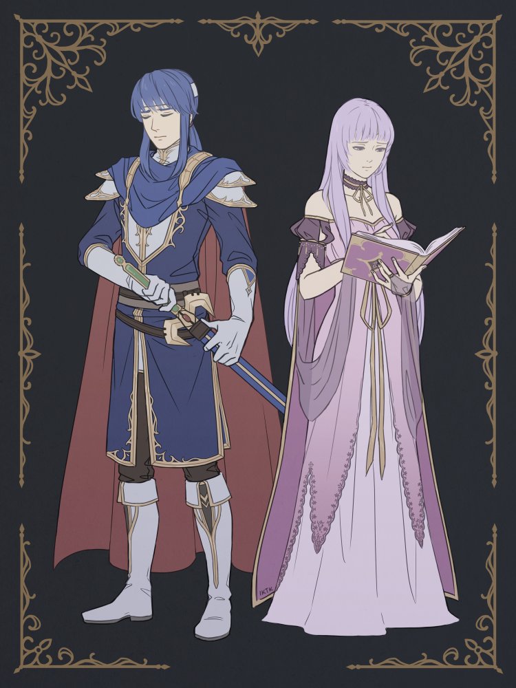 1boy, 1girl, armor, blue_eyes, blue_hair, cape, celice_(fire_emblem), circlet