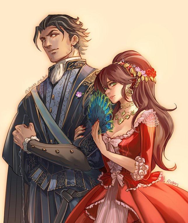 1boy, 1girl, black_hair, bracelet, brown_hair, couple, dancer, dress, e_f_regan826, fan, gloves, hetero, jewelry, long_hair, necklace, octopath_traveler, olberic_eisenberg, ponytail, primrose_azelhart, scar, short_hair, simple_background, smile