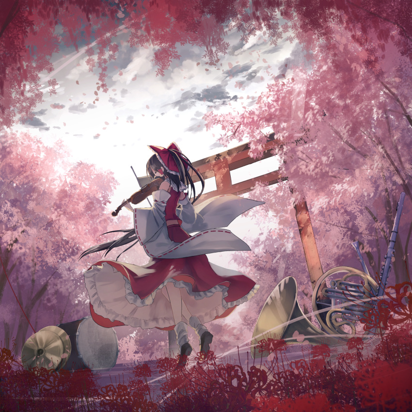 1girl, bare_shoulders, black_footwear, black_hair, bow, cherry_blossoms, closed_eyes, commentary_request