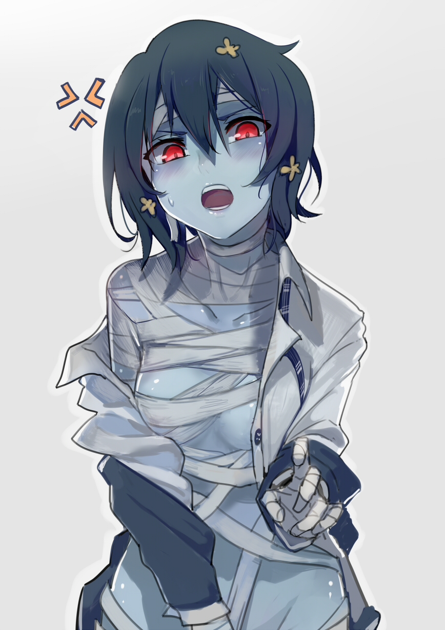 1girl, :o, anger_vein, bandage, black_hair, blue_skin, blush, cola