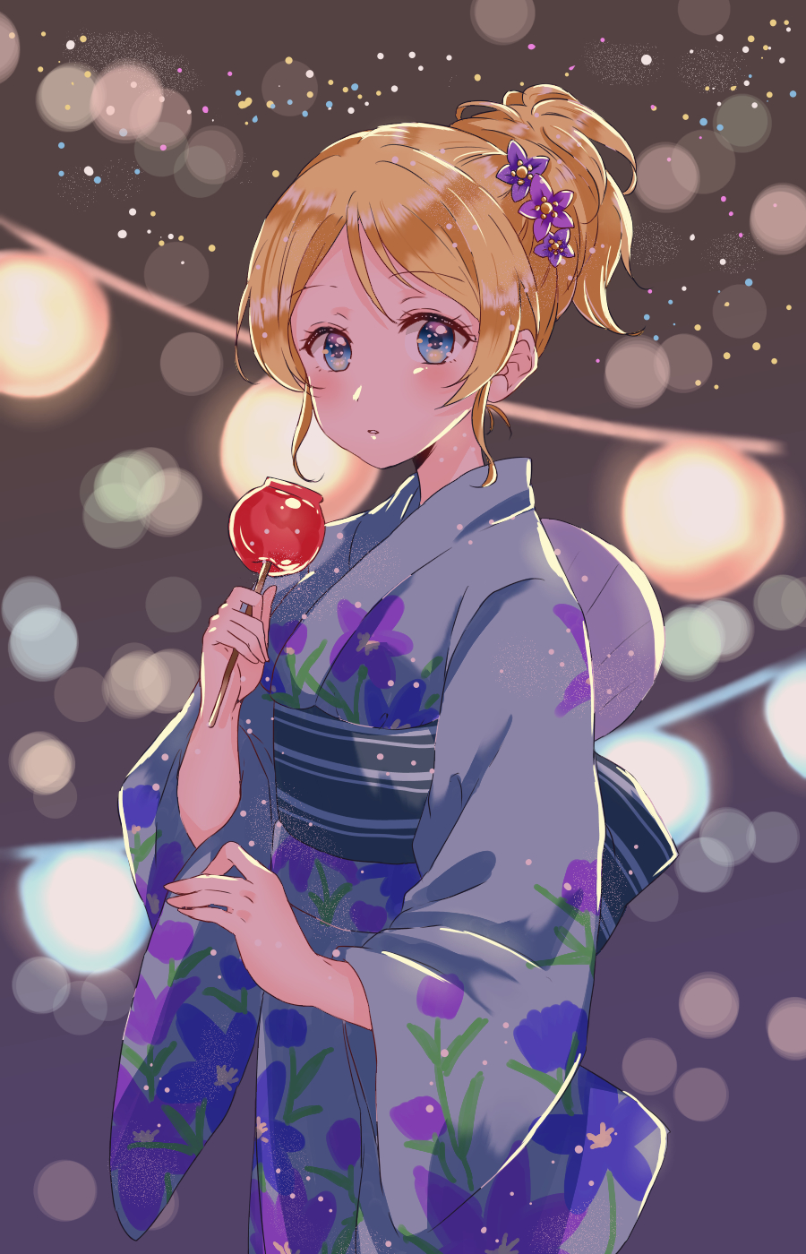 1girl, ayase_eli, blonde_hair, blue_eyes, blue_kimono, blurry, blush, bokeh, candy_apple, depth_of_field, fan, floral_print, flower, food, hair_flower, hair_ornament, highres, holding, holding_food, japanese_clothes, kaisou_(0731waka), kimono, looking_at_viewer, love_live!, love_live!_school_idol_project, obi, paper_fan, parted_lips, ponytail, purple_flower, sash, sidelocks, solo, uchiwa