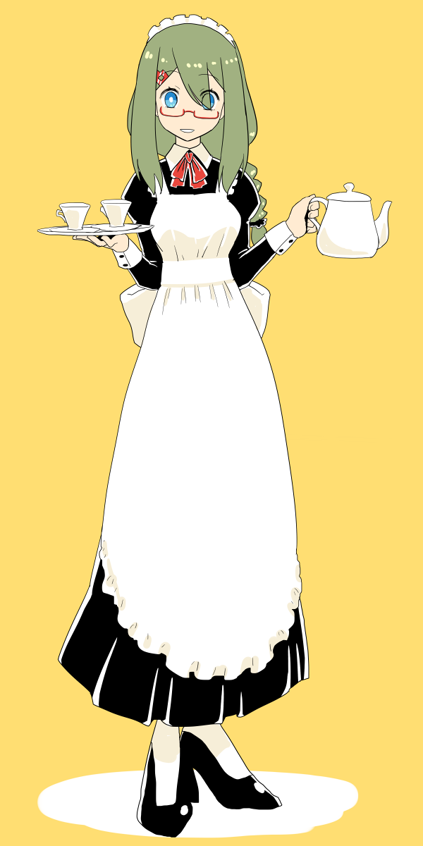 1girl, apron, black_footwear, blue_eyes, braid, breasts, cup, dress