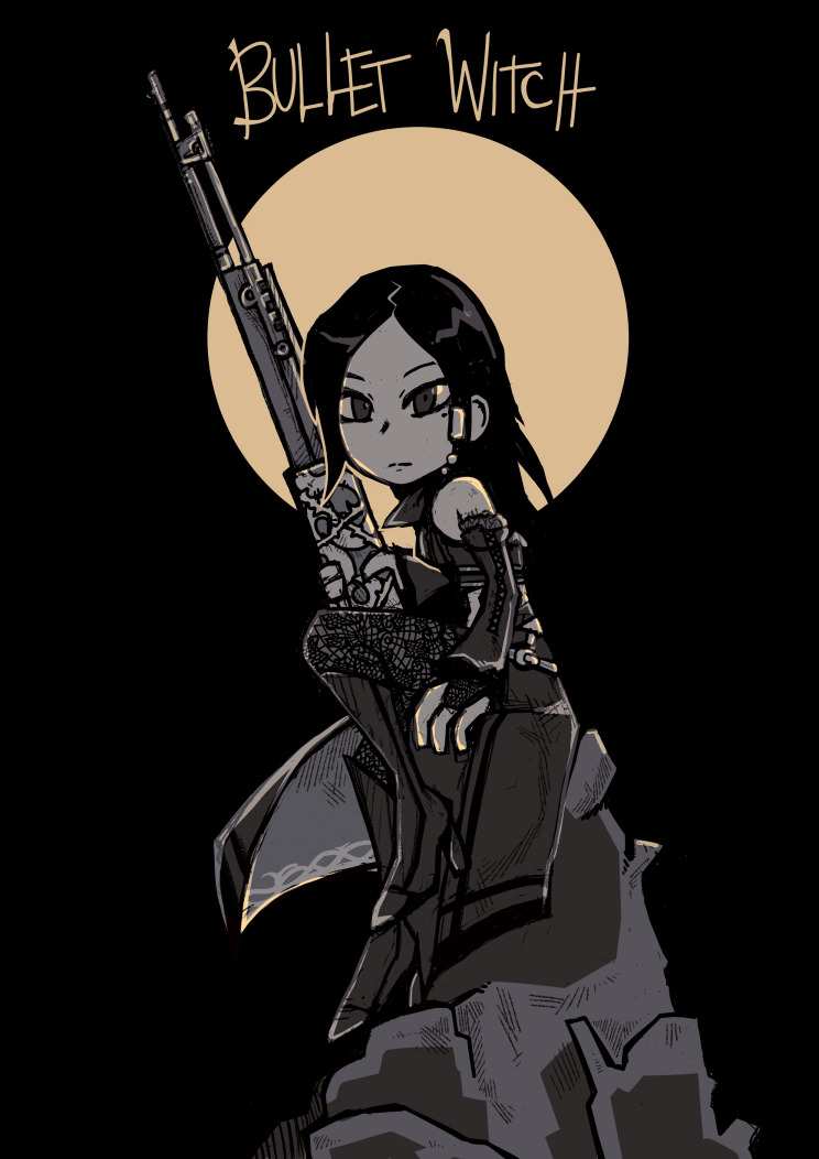 1girl, alicia_(bullet_witch), bangs, boots, bullet_witch, coattails, copyright_name, detached_sleeves, fishnet_pantyhose, fishnets, full_body, full_moon, gothic, greyscale, gun, hair_ornament, hairclip, knee_boots, looking_at_viewer, mole, mole_under_eye, monochrome, moon, mountain, pantyhose, parted_bangs, rifle, setz, sitting, solo, spider_web_print, spot_color, weapon