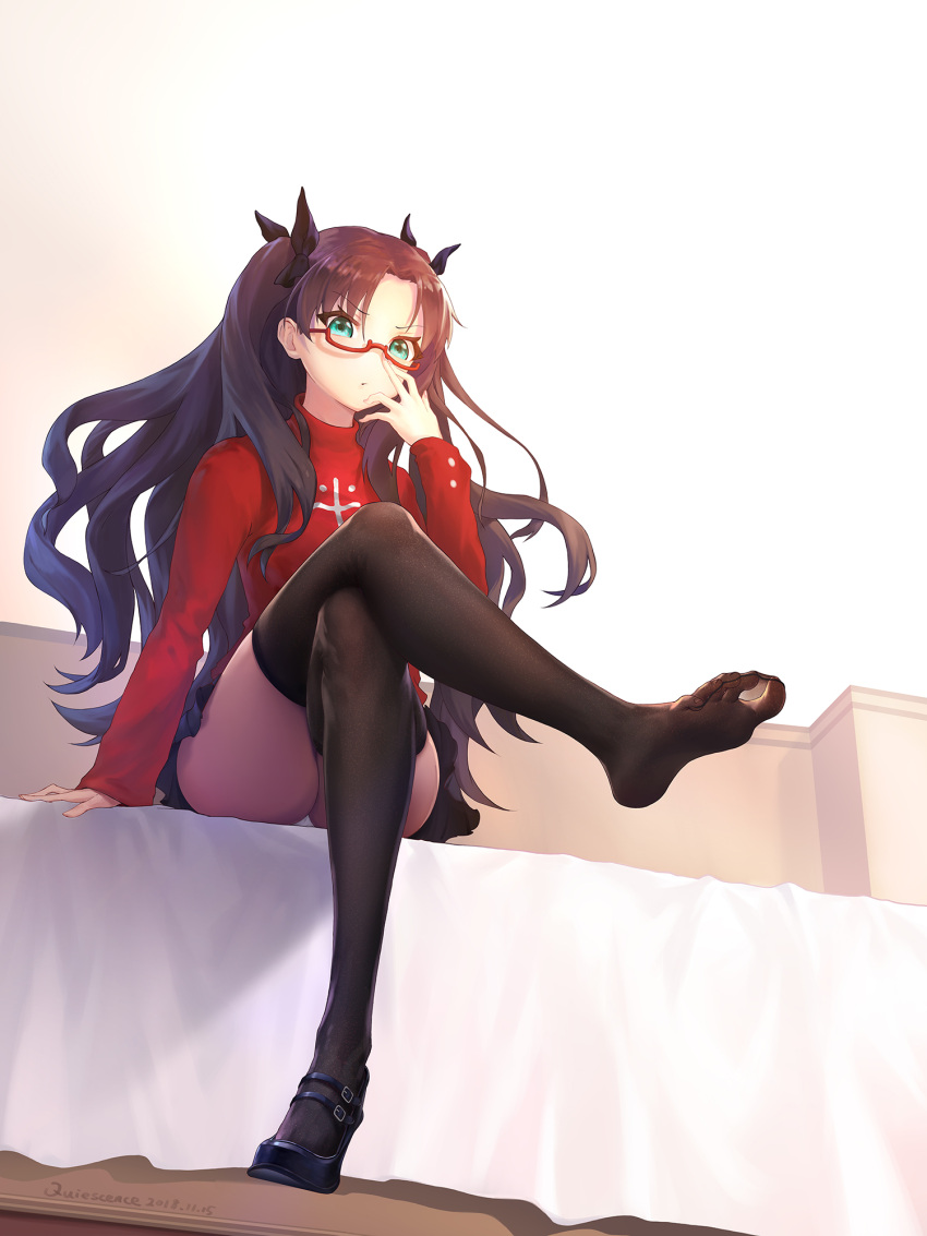 1girl, 2018, adjusting_eyewear, angry, barefoot, black_hair, black_legwear, black_ribbon, dated, eyebrows_visible_through_hair, fate/stay_night, fate_(series), from_below, glasses, green_eyes, hair_ribbon, highres, long_hair, looking_at_viewer, panties, red-framed_eyewear, ribbon, semi-rimless_eyewear, shinchintaisha, shoes, single_shoe, sitting, skirt, solo, thigh-highs, tohsaka_rin, two_side_up, under-rim_eyewear, underwear, zettai_ryouiki