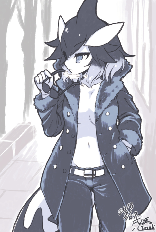1girl, bangs, belt, borrowed_character, breath, buttons, closed_mouth, coat, collared_coat, commentary_request, contemporary, covered_navel, cowboy_shot, dated, dolphin_tail, expressionless, eyebrows_visible_through_hair, fur-trimmed_sleeves, fur_trim, greyscale, hair_between_eyes, hair_ornament, hand_in_pocket, hand_up, high_collar, holding, holding_eyewear, kemono_friends, killer_whale_(kemono_friends)_(stylecase), kitsunetsuki_itsuki, long_sleeves, looking_to_the_side, medium_hair, monochrome, multicolored_hair, open_clothes, open_coat, original, outdoors, pants, signature, solo, sunglasses, tail, tsurime, turtleneck, unbuttoned, walking