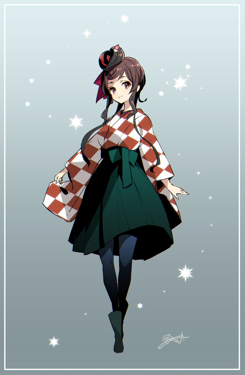 absurdres, boots, brown_eyes, checkered, checkered_kimono, hair_ornament, hair_ribbon, highres