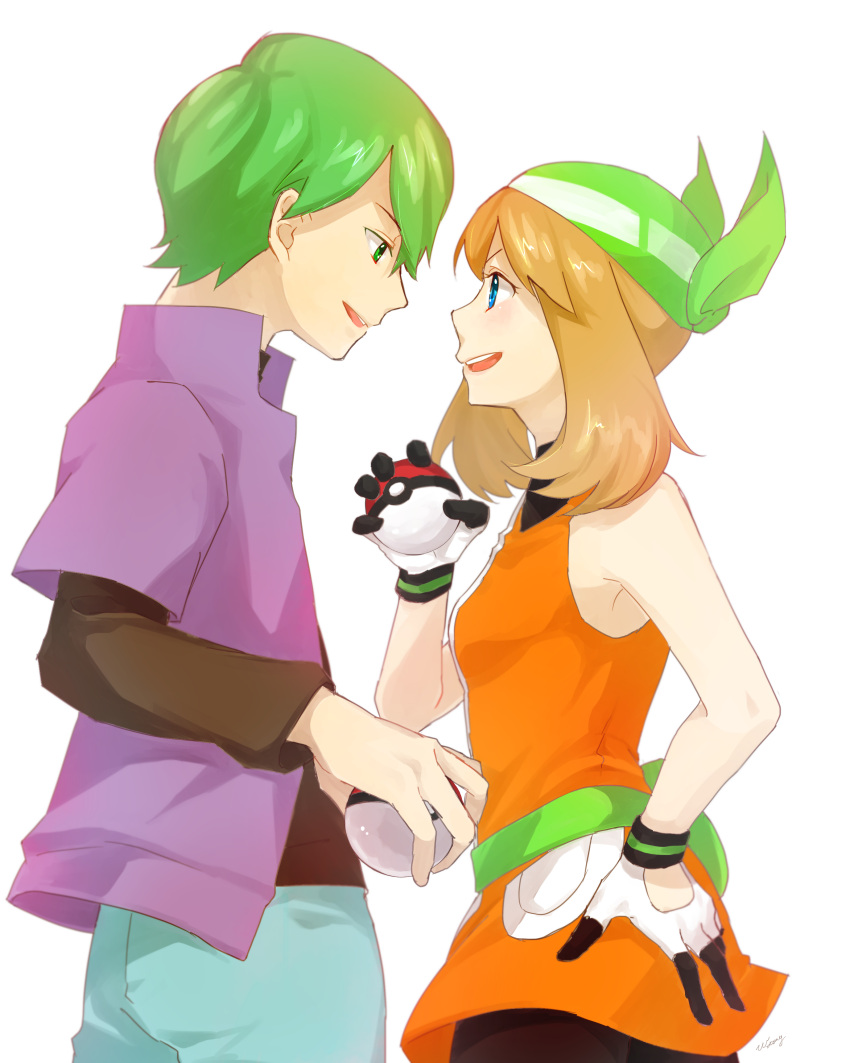 1boy, 1girl, absurdres, bandanna, black_legwear, black_undershirt, blue_eyes, breasts, brown_hair, commentary_request, creatures_(company), dress, eye_contact, game_freak, gloves, green_hair, green_jacket, haruka_(pokemon), hetero, highres, holding, holding_poke_ball, jacket, looking_at_another, multicolored, multicolored_clothes, multicolored_gloves, nintendo, pantyhose, poke_ball, pokemon, pokemon_(anime), short_dress, short_hair, shuu_(pokemon), sidelocks, sleeveless, sleeveless_dress, small_breasts, wata_miya_(shiro_momen)