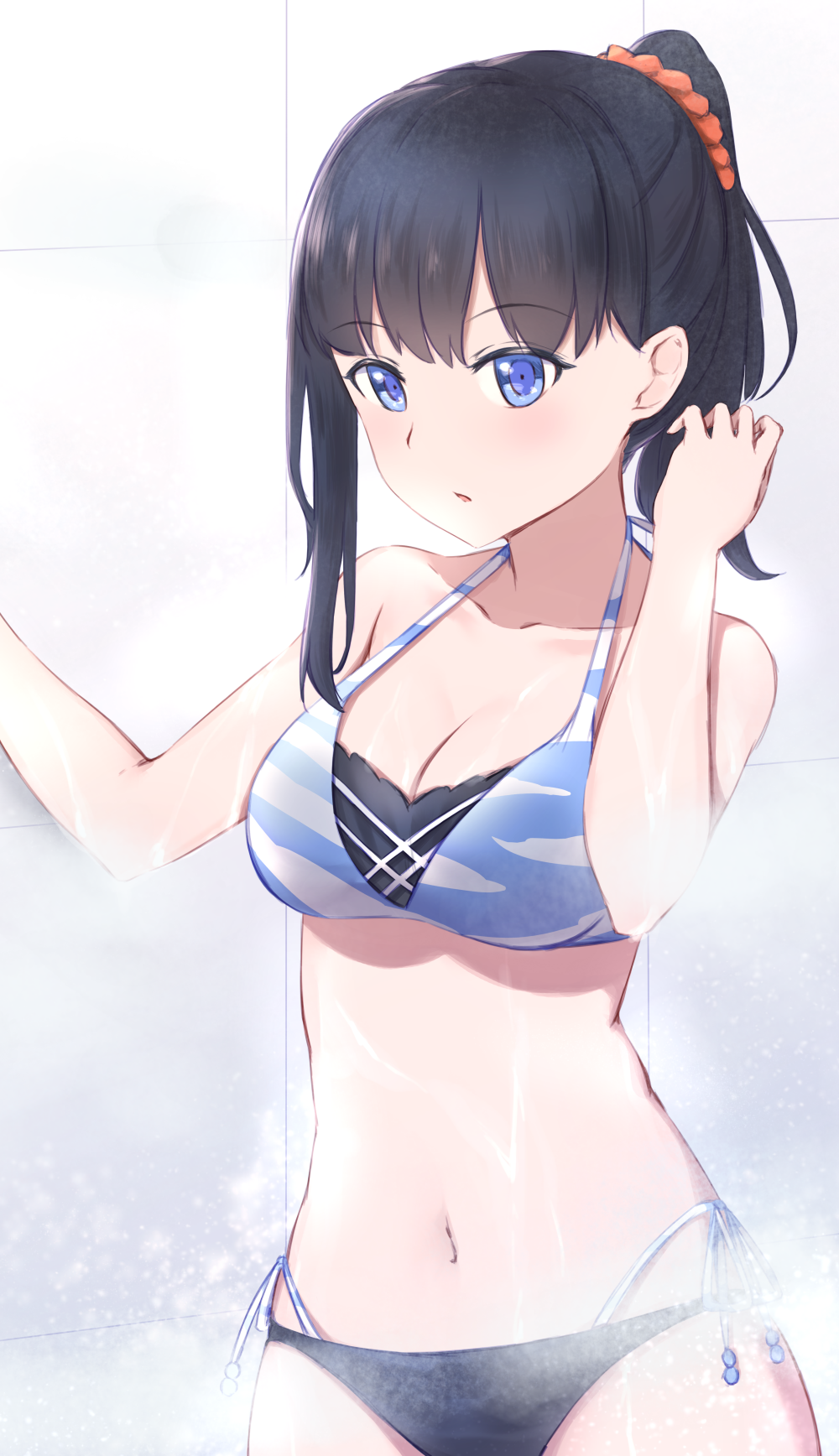 1girl, bangs, bare_arms, bare_shoulders, bikini, black_bikini_bottom, black_hair, blue_bikini