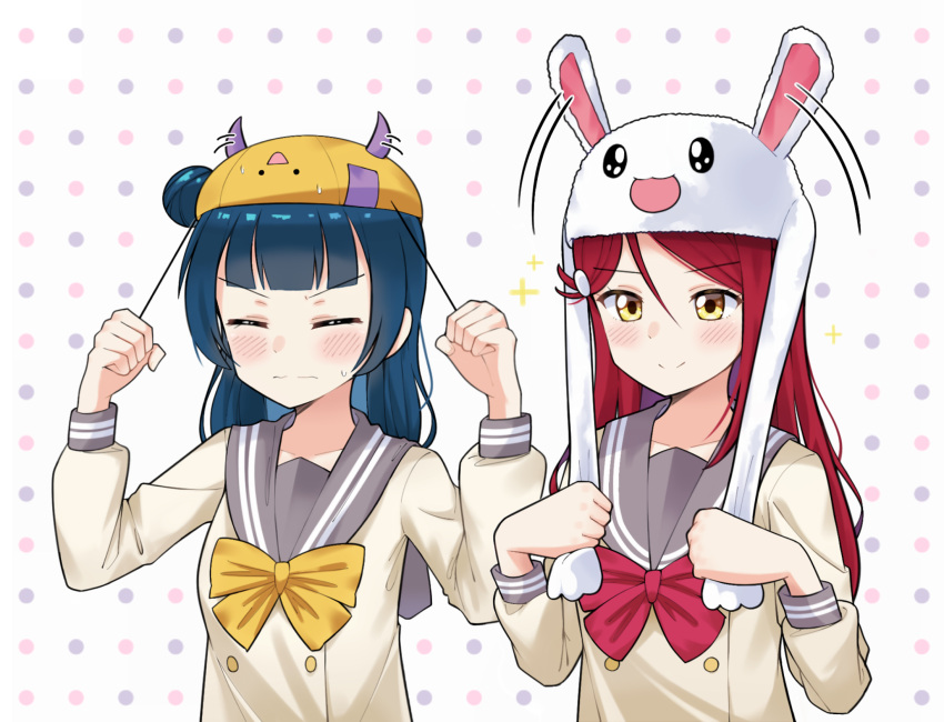 2girls, :d, animal_hat, blue_hair, blush, bow, bowtie, bunny_hat
