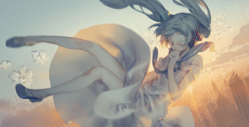 1girl, alternate_costume, aqua_hair, backlighting, building, city, closed_eyes, clouds