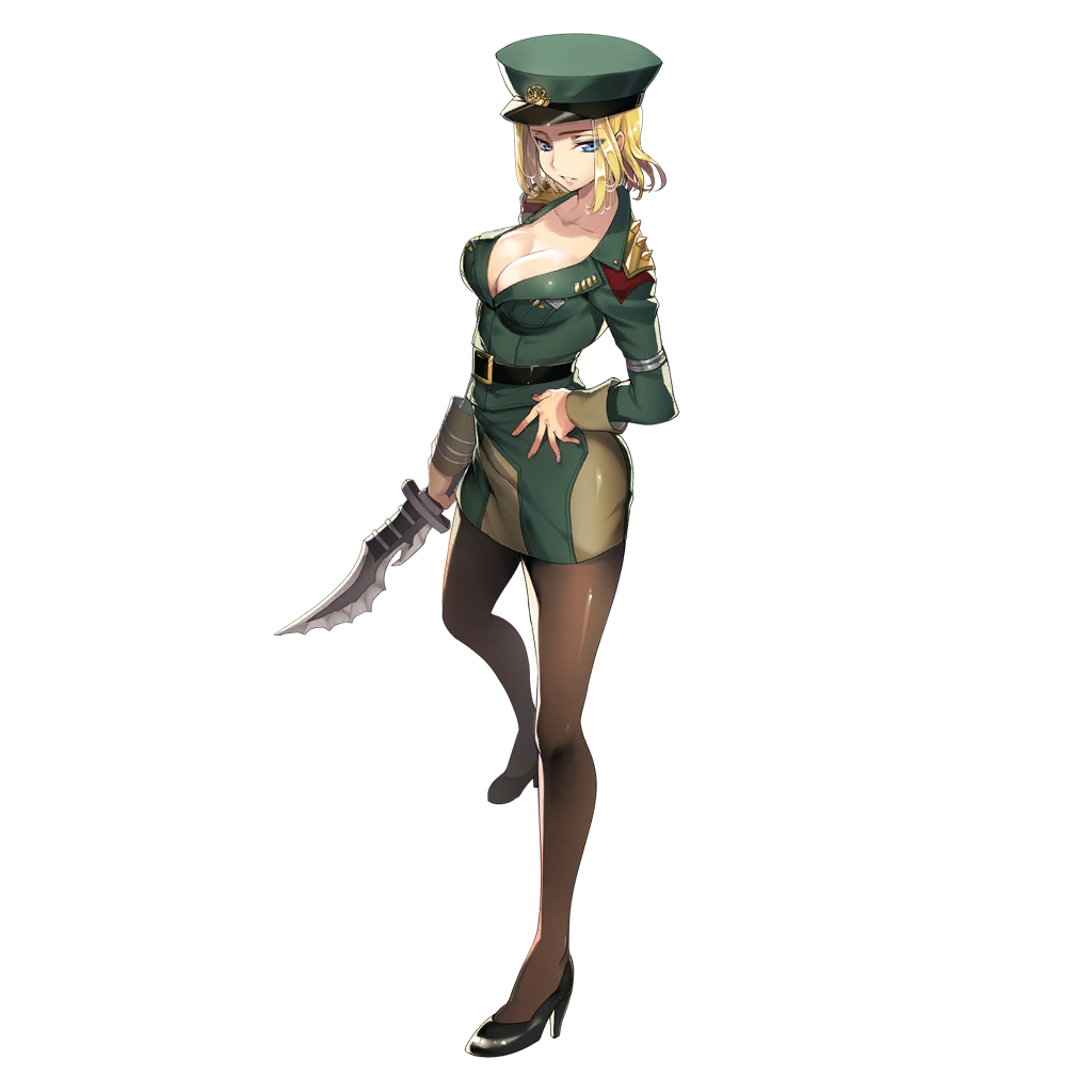 1girl, belt, blonde_hair, blue_eyes, breasts, cleavage, dagger, hat, high_heels, military, military_hat, military_uniform, milla_bachtein, official_art, solo, star_ocean, star_ocean_the_last_hope, thigh-highs, transparent_background, uniform, weapon