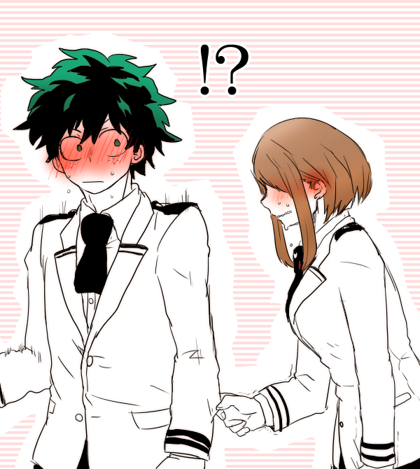 !?, 1boy, 1girl, blush, boku_no_hero_academia, breasts, brown_hair, embarrassed