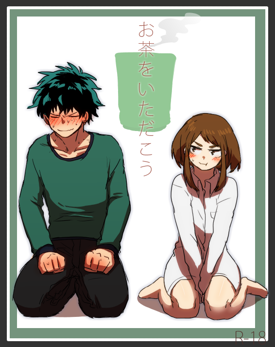 1boy, 1girl, black_pants, blush, boku_no_hero_academia, brown_eyes, brown_hair, closed_eyes