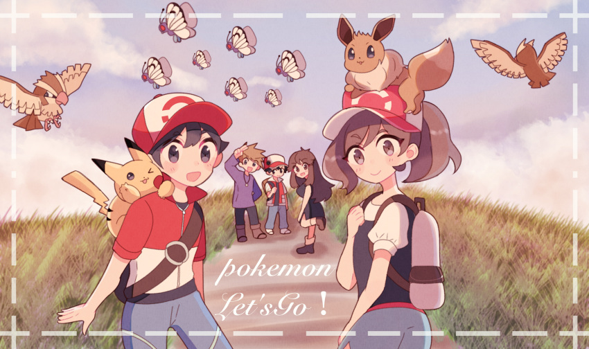 2girls, 3boys, backpack, bag, black_eyes, black_hair, blue_(pokemon), brown_eyes