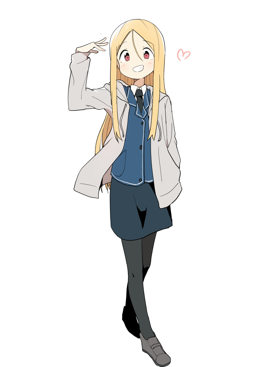 1girl, absurdres, black_legwear, black_skirt, blonde_hair, blush, bural_chingu, full_body, grin, highres, hood, hoodie, lee_ji-min, long_hair, looking_at_viewer, luke_(dydansgur), necktie, original, pantyhose, red_eyes, skirt, smile, solo