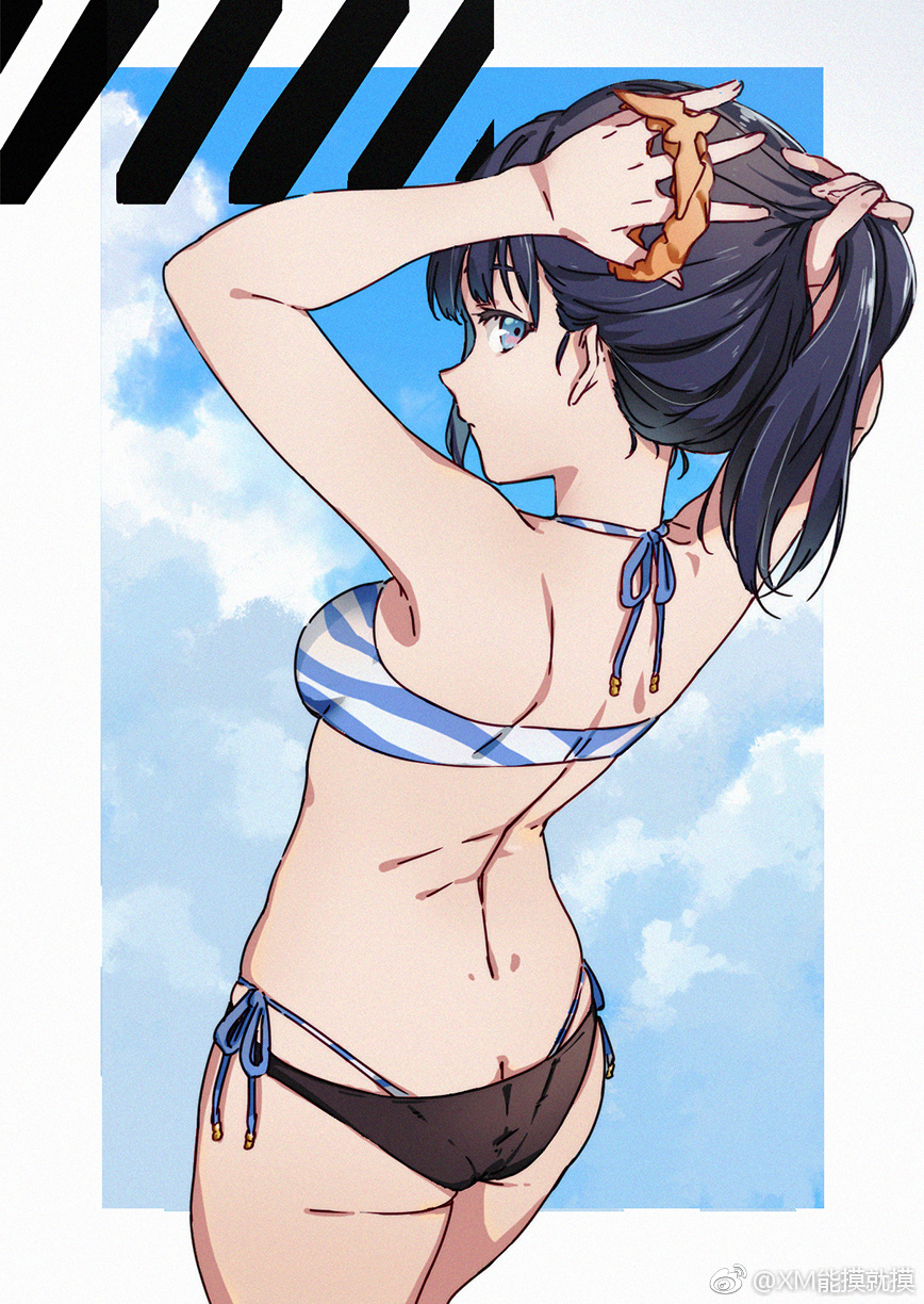1girl, arms_up, ass, bare_shoulders, bikini, black_hair, breasts, butt_crack, cowboy_shot, from_behind, hair_ornament, hair_scrunchie, halterneck, highres, hu58013901, layered_bikini, looking_at_viewer, looking_back, outdoors, outside_border, ponytail, profile, scrunchie, shoulder_blades, side-tie_bikini, small_breasts, solo, ssss.gridman, striped, striped_bikini, swimsuit, takarada_rikka, tying_hair, violet_eyes, weibo_username
