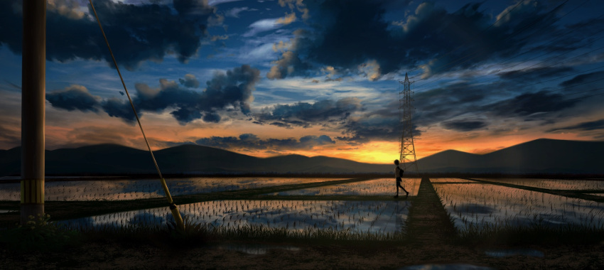 1girl, adsuger, backpack, bag, blue_sky, clouds, cloudy_sky, commentary_request, farm, from_side, gradient_sky, grass, highres, miniskirt, mountain, mountainous_horizon, original, outdoors, path, power_lines, rice_paddy, road, scenery, school_uniform, serafuku, short_hair, skirt, sky, solo, sunset, thigh-highs, walking, water, wide_shot