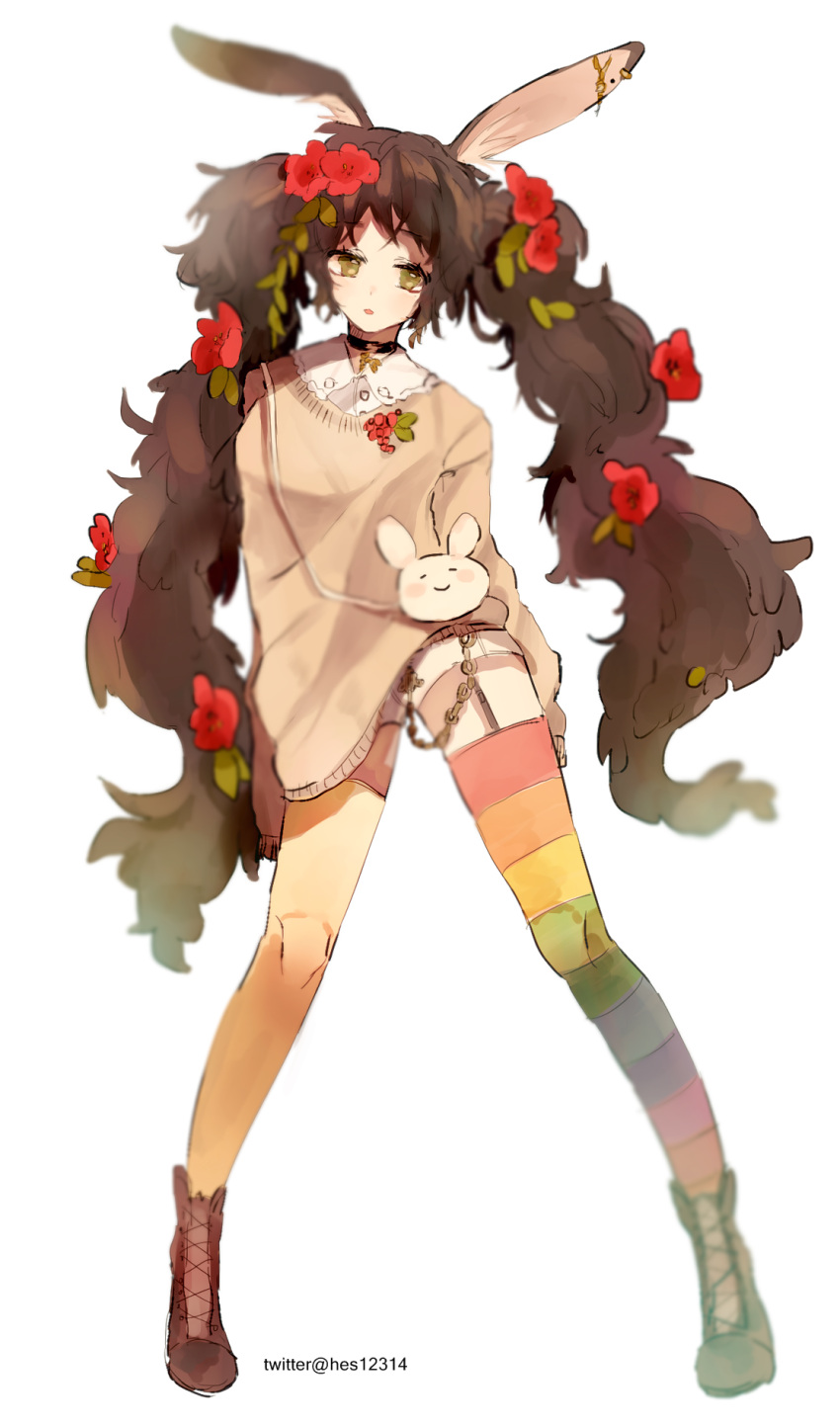 1girl, animal_ears, artist_name, bangs, black_choker, boots, brown_footwear, chains
