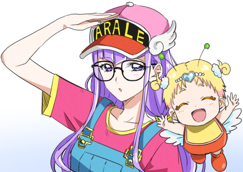 1girl, :o, antennae, baby, bangs, baseball_cap, black-framed_eyewear, blonde_hair