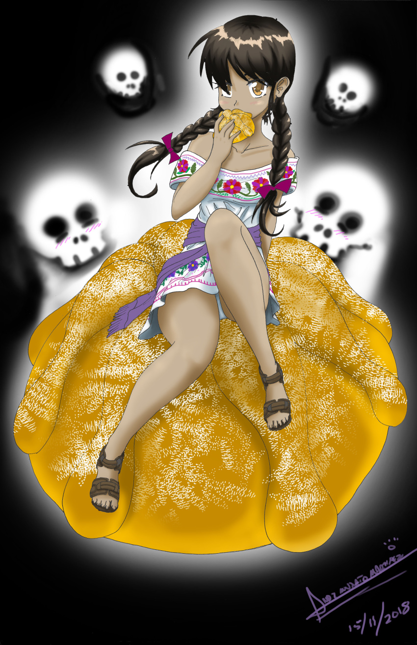 1girl, absurdres, bare_legs, black_background, black_hair, bread, brown_eyes, dia_de_los_muertos