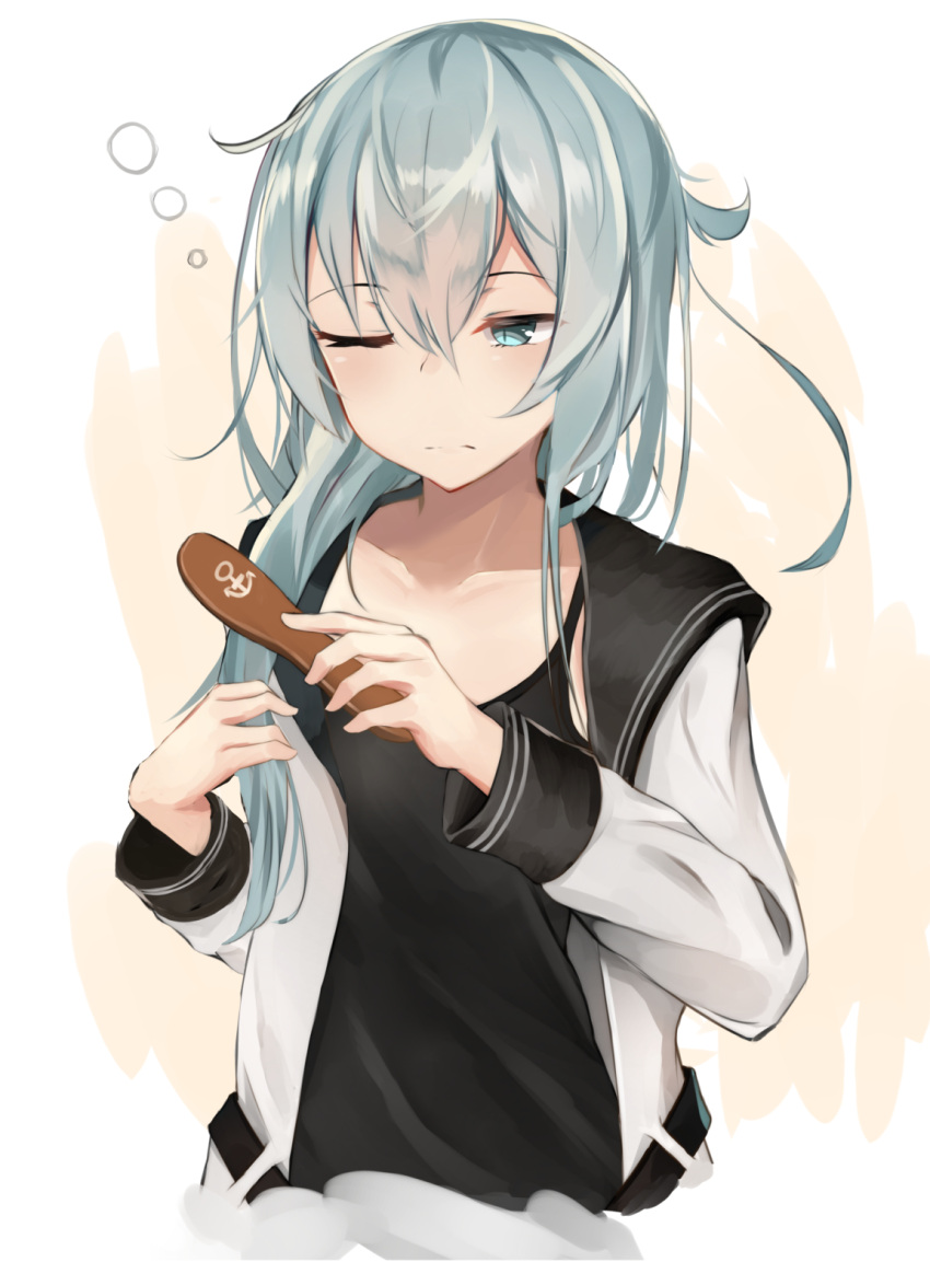 1girl, ;(, aqua_eyes, belt, black_belt, black_sailor_collar, black_tank_top, closed_eyes
