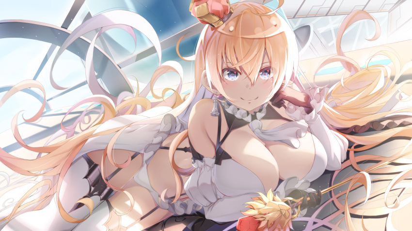 1girl, akausuko, black_gloves, blonde_hair, blue_eyes, breasts, crown, detached_sleeves