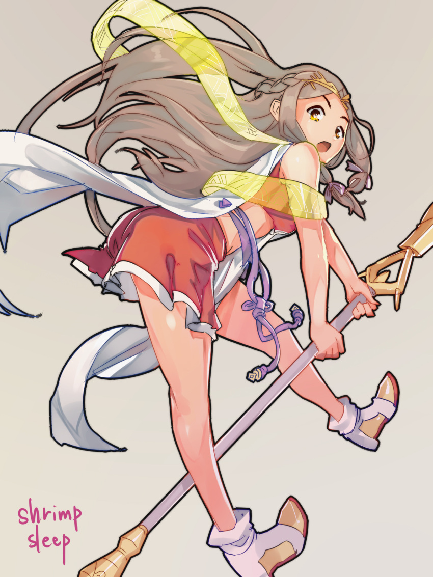 1girl, armpits, blush, cheerleader, crop_top, crop_top_overhang, fan_la_norne, feather_hair