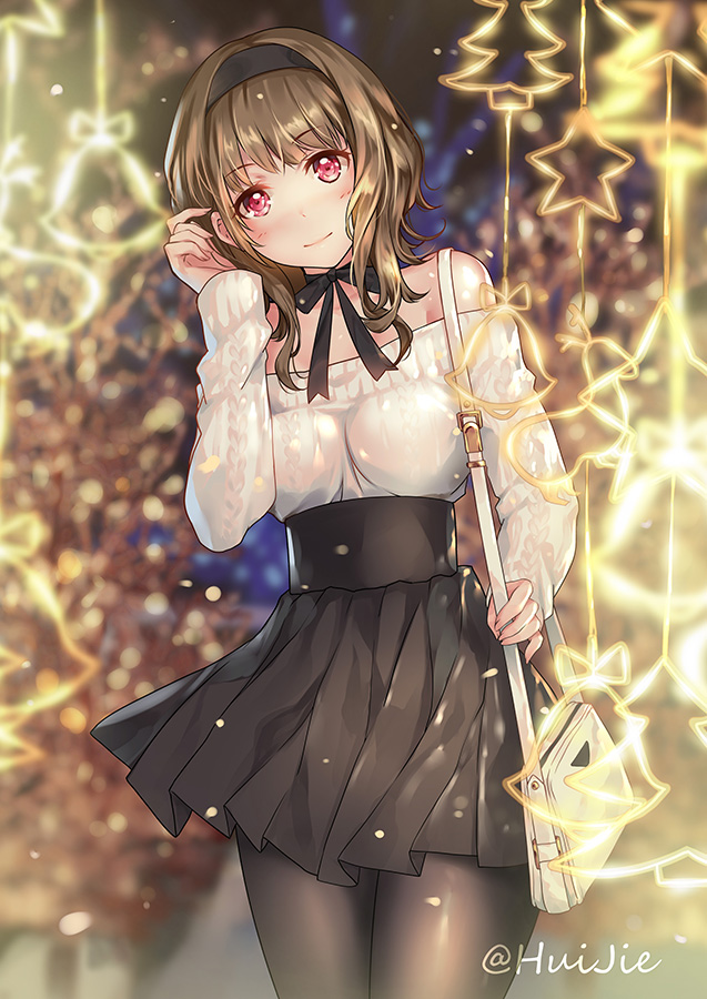 1girl, bag, bare_shoulders, black_hairband, black_legwear, black_neckwear, black_skirt, blurry