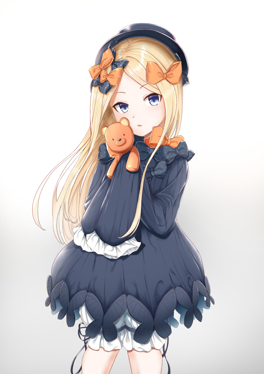 1girl, abigail_williams_(fate/grand_order), absurdres, bangs, black_bow, black_dress, black_hat, blonde_hair